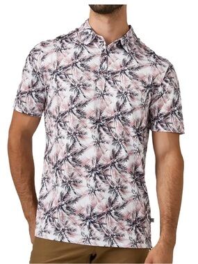 7 Diamonds Mens Palm Print Polo XL Pink Tropical Stretch Golf Shirt Wick Stretch
